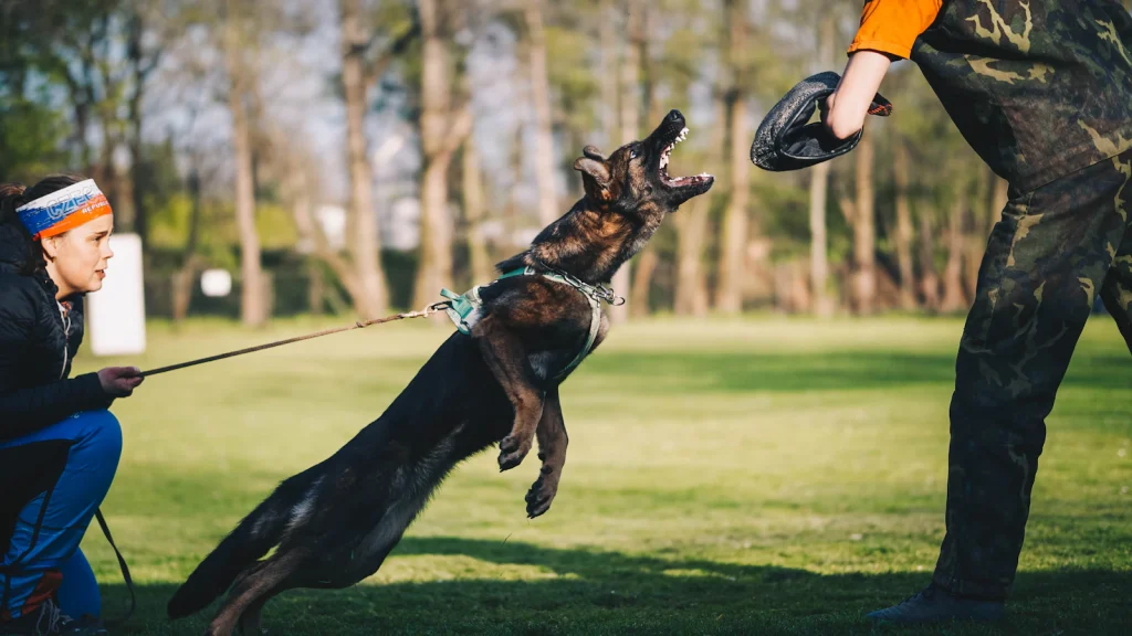 K9 unit dog during bite-sleeve training