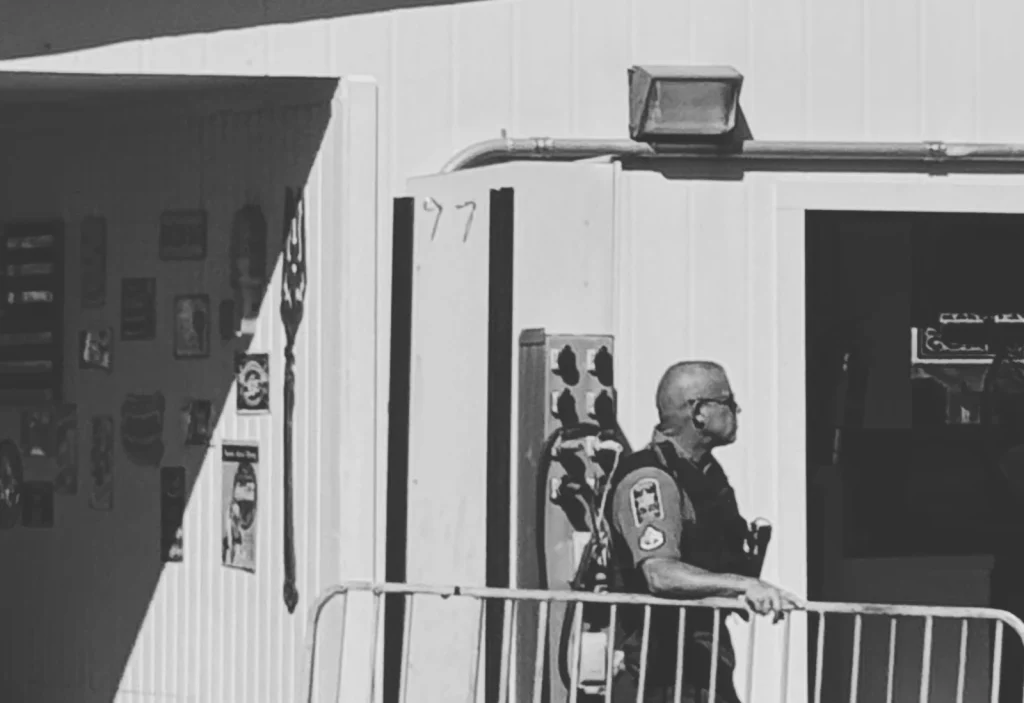 Security guard stationed at a commercial building entrance